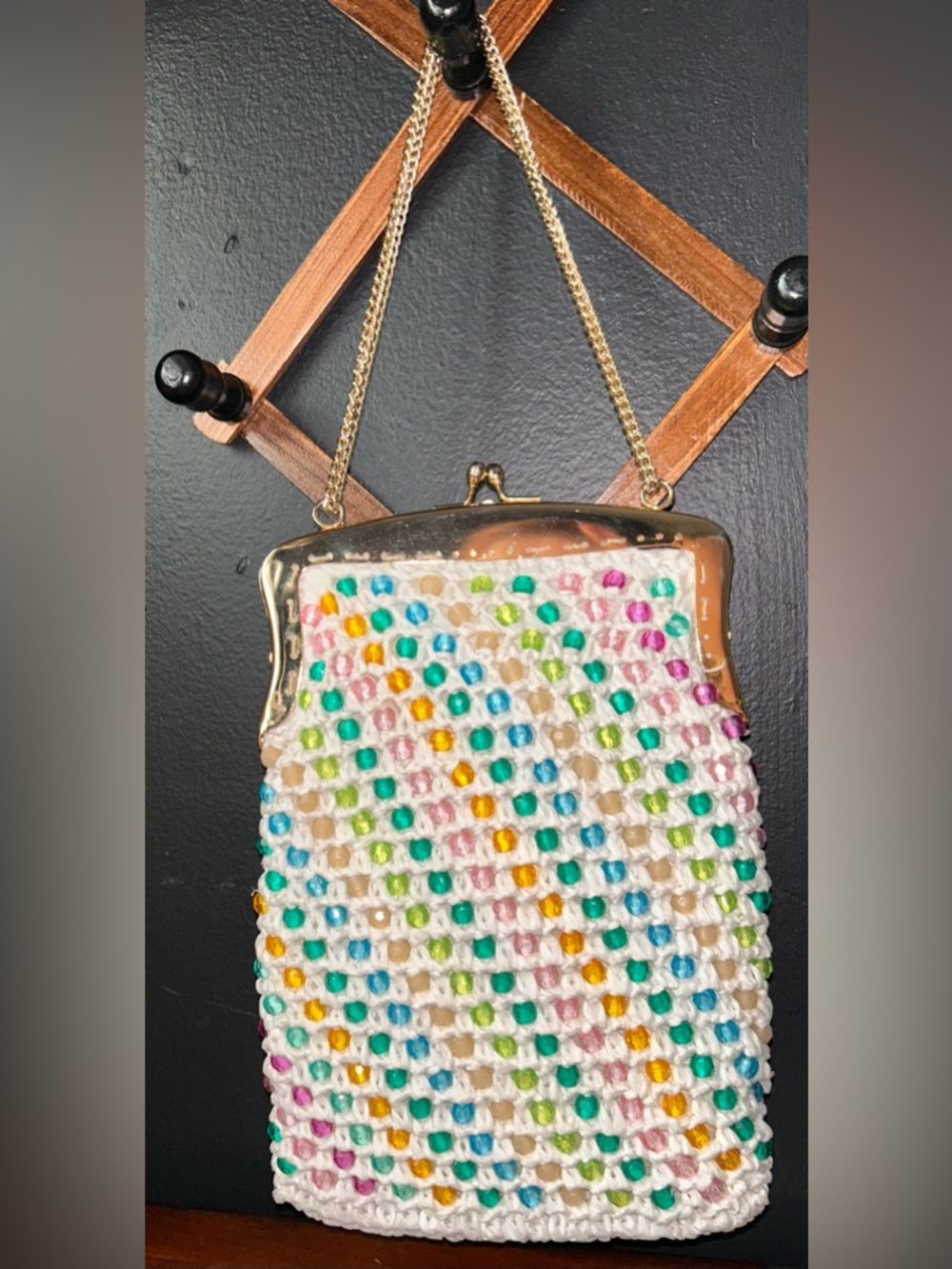 White Crochet Kisslock Mini Bag with Multicolor Bead Accents and Gold Chain - Picture 11 of 15